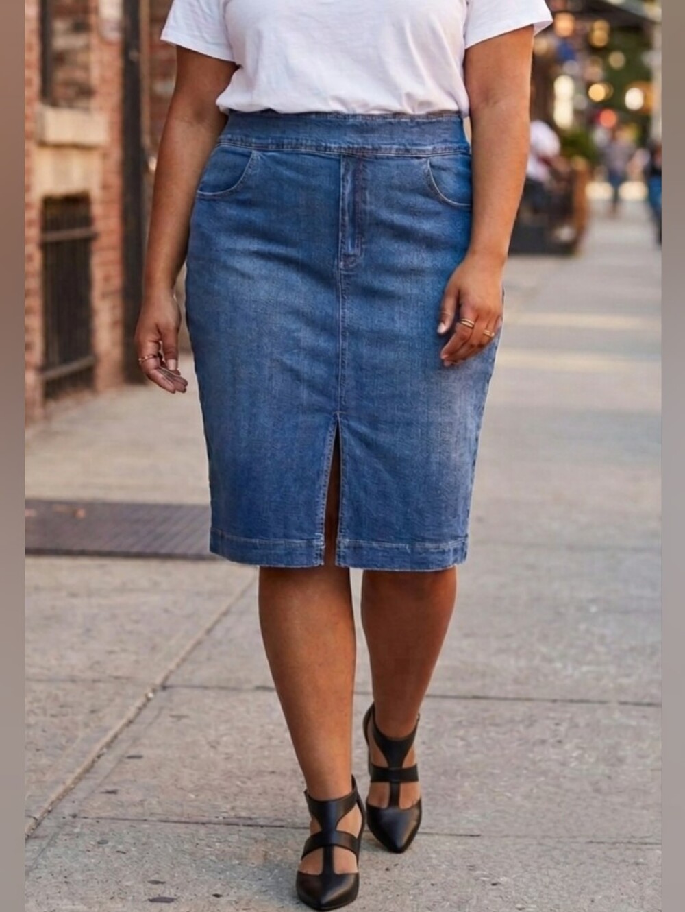 334. Laura Plus - Denim Pencil Skirt with Front Slit